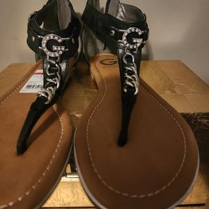 Guess Black Leather Sandals with Rhinestone and Silver Accents- Women’s Size 8